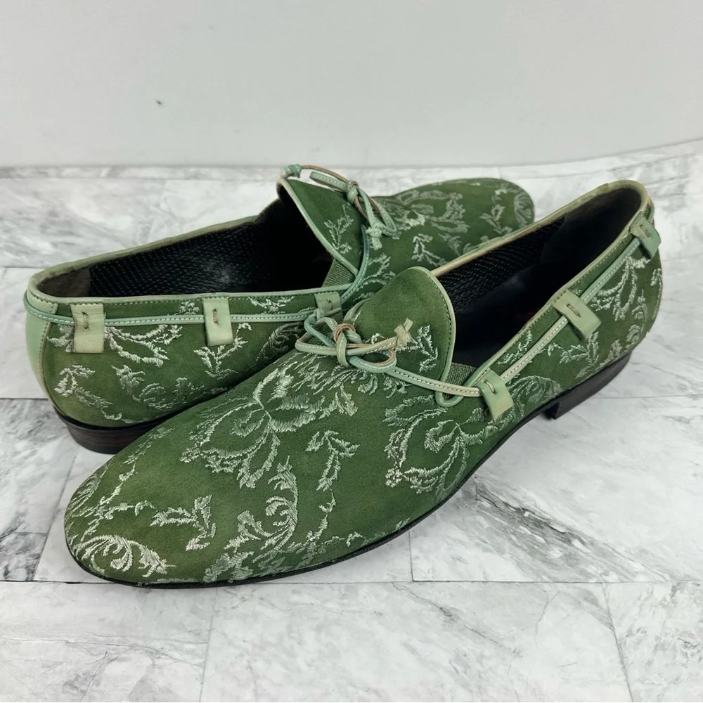 Jo Ghost Green Suede Embroidered Loafers Italy Slip On Sz 42 US 9 - Picture 3 of 14